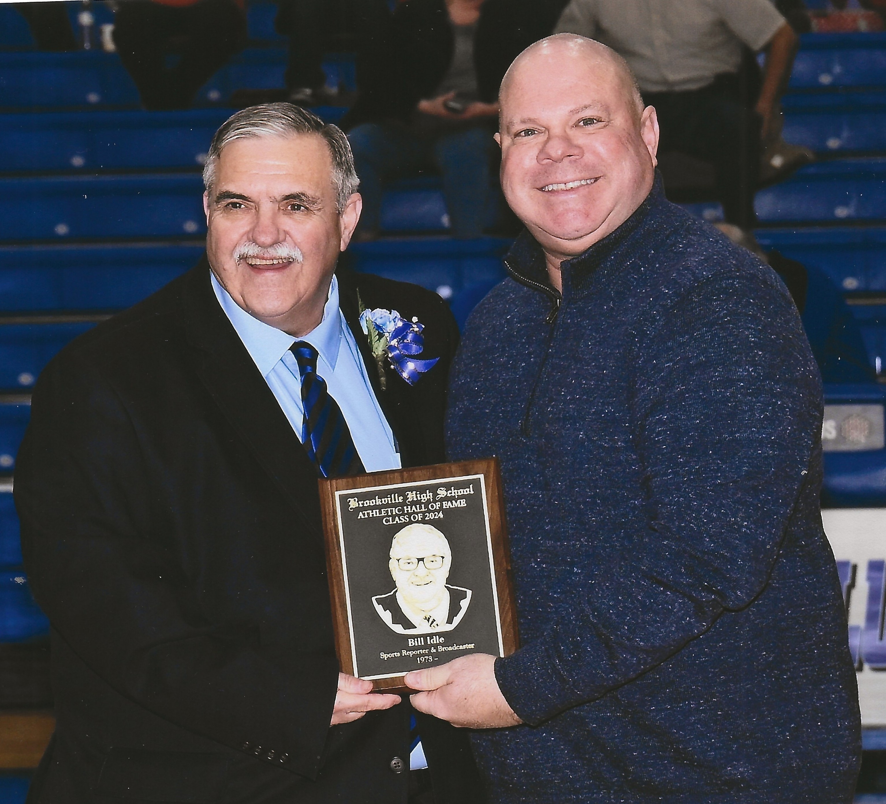 Bill Idle with Jason Woods, Superintendent of Brookville Schools, at the 2024 Athletic Hall of Fame induction ceremony.